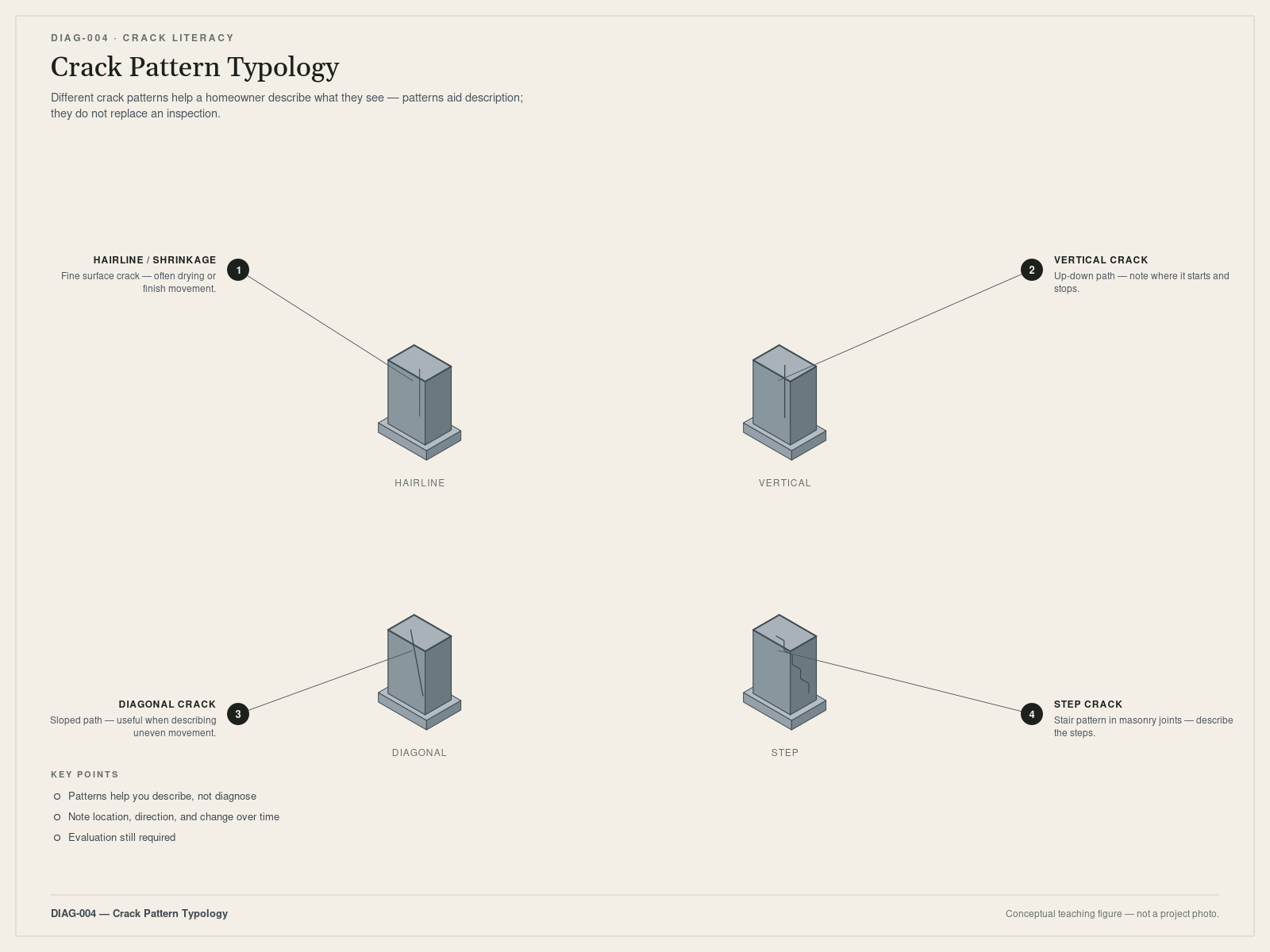 Crack pattern typology. Conceptual teaching figure — not a project photo.