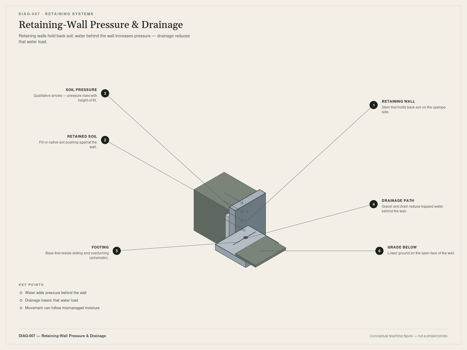 Retaining wall pressure and drainage. Conceptual teaching figure — not a project photo.